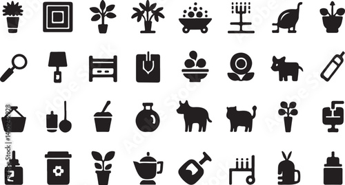 A collection of black and white silhouette icons representing various farm and garden tools, plants, animals, and structures.