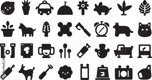 A collection of black and white silhouette icons representing various farm and garden tools, plants, animals, and structures.