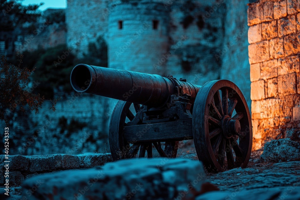 Aged cannon positioned amidst ancient fortress walls.