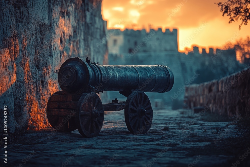 Ancient cannon rests against a stone fortress wall at sunset.