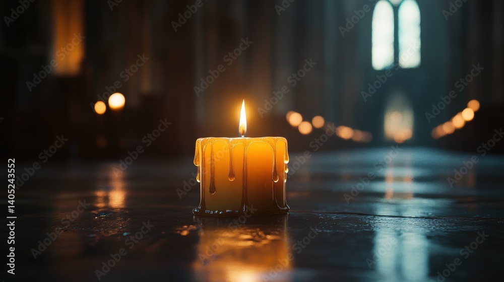 Single candle illuminates a cathedral aisle.