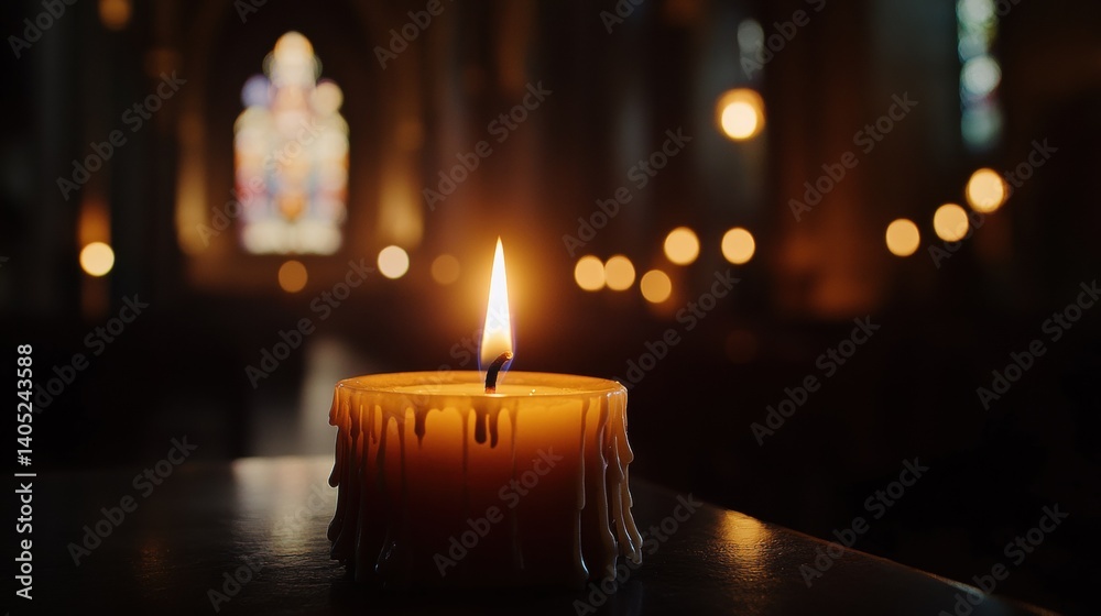 Illuminated candle in a dimly lit church.