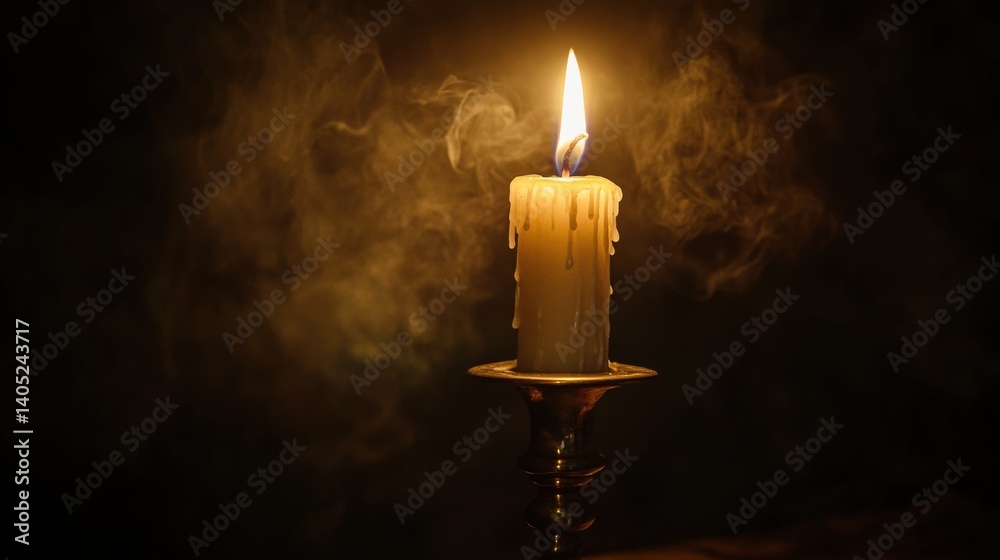 Illuminated candle, casting warm glow in a dark setting.