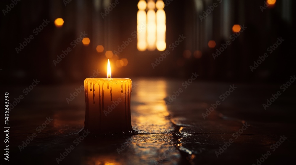 Burning candle illuminates a darkened cathedral.