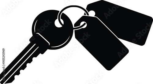 Black silhouette of a key attached to a keyring with two blank tags, symbolizing security, ownership, and identification
