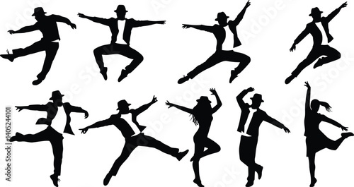 Silhouettes of nine energetic dancers in dynamic poses, featuring stylish hats and formal attire in a lively performance