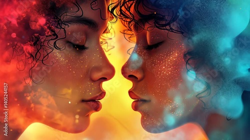 Ethereal Abstract Portrait Of Two Women With Closed Eyes, Radiant Colorful Effects, Dreamy Intimate Close-Up, Surreal Conceptual Artwork, Vibrant Fantasy, Cosmic Elements, Soft Focus, Tranquil Mood
