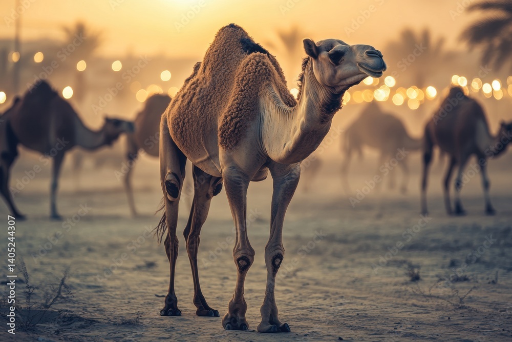 Desert camels in the golden light of dusk.