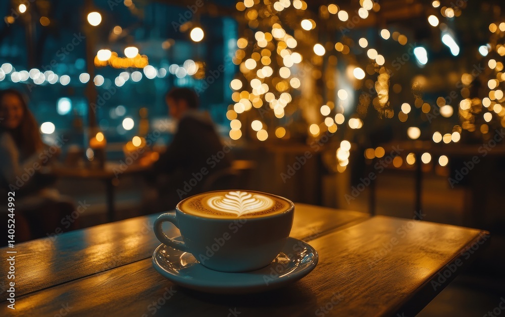 Cozy evening coffee scene in a warm, illuminated cafe.