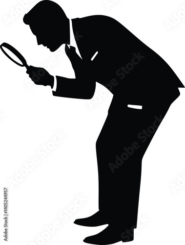 Silhouette of a business professional examining details closely with a magnifying glass, symbolizing analysis and investigation