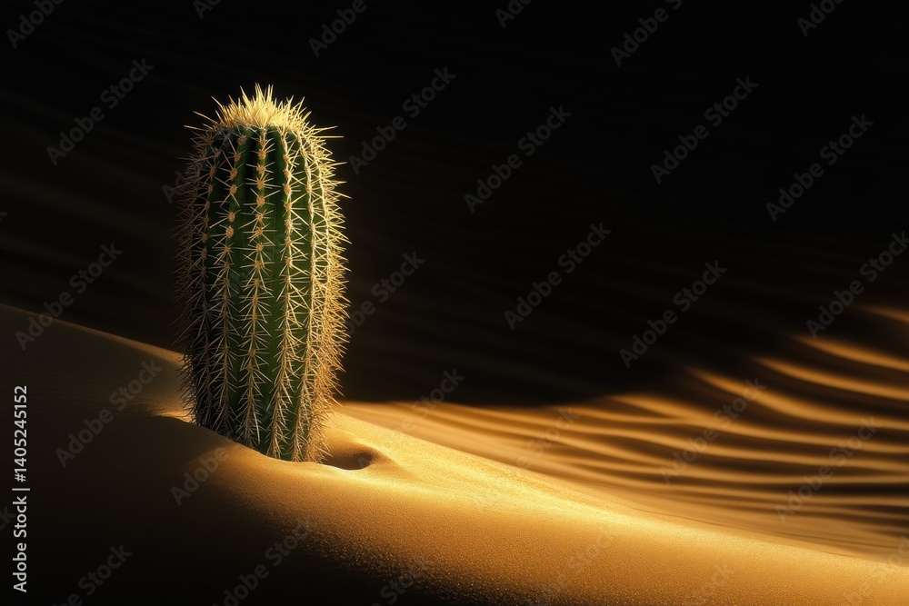 Desert cactus, solitary and strong, illuminated by sunbeams.