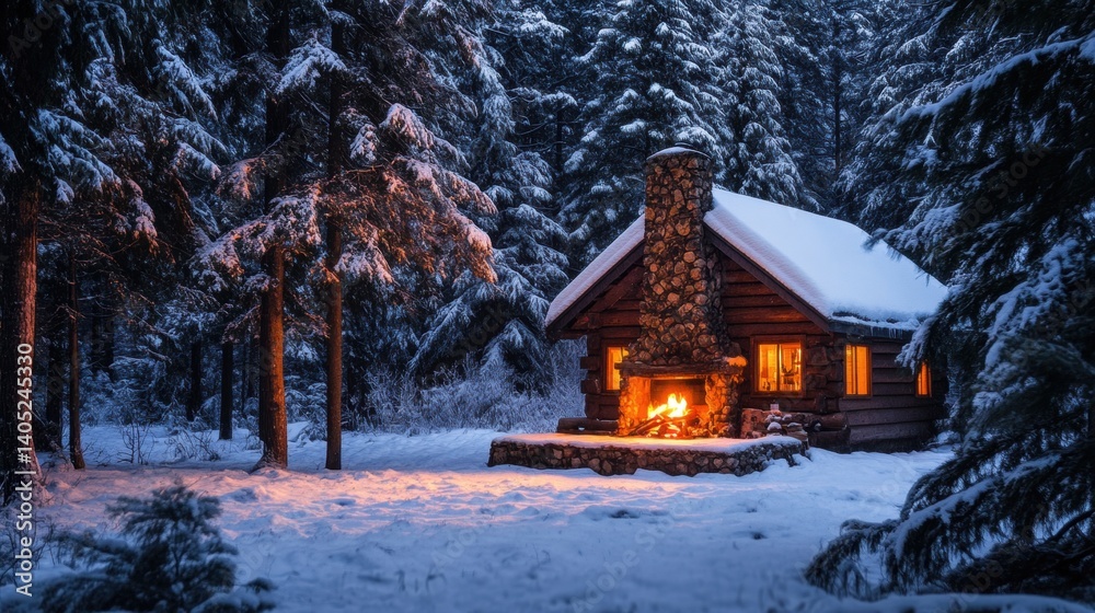 Cozy winter cabin nestled in snowy forest at twilight.