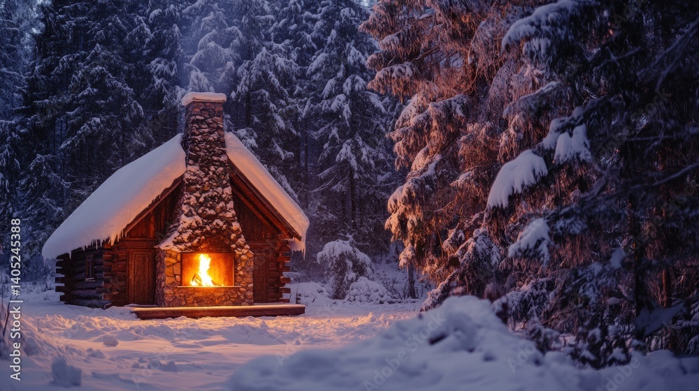 Snowy winter cabin with fireplace glows warmly in the forest.
