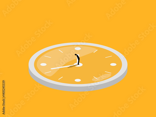 Businessman on a clock that keeps spinning on a routine
