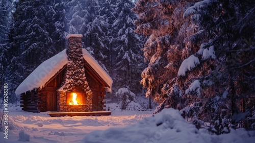 Obraz na płótnie Snowy winter cabin with fireplace glows warmly in the forest. w salonie