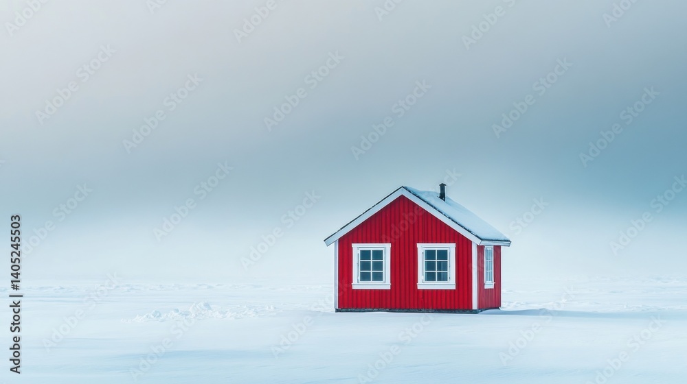 Solitary red cabin on a snowy expanse.