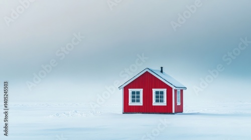 Obraz na płótnie Solitary red cabin on a snowy expanse. w salonie