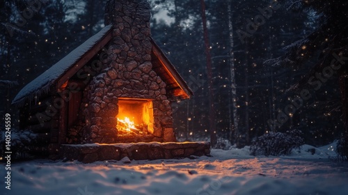 Obraz na płótnie Cozy winter cabin with fireplace and snowfall. w salonie
