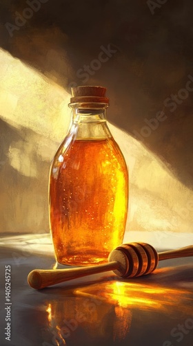 Golden nectar in glass bottle, enhanced by sun rays with dipper resting nearby
