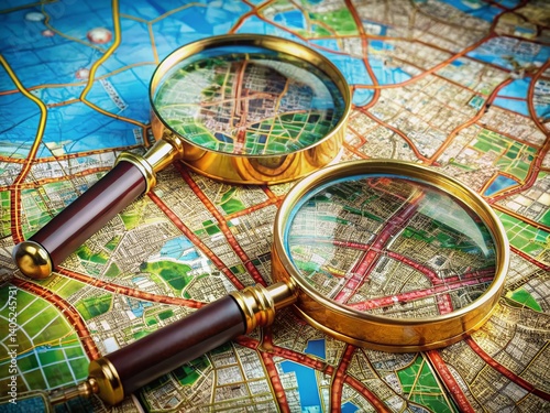 Magnifying the Metropolis: Two elegant magnifying glasses rest atop a detailed urban map, focusing on the intricate network of streets and infrastructure.