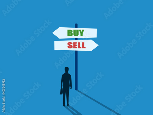 Stock investment decision, businessman choosing buy or sell sign