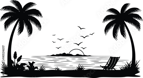 Silhouette of a tropical beach scene with palm trees, island, sunset, birds, and a relaxing beach chair