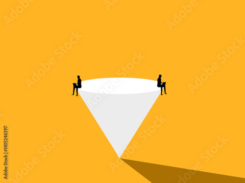 Life and work, Two businessmen sit and work on laptop balance on conic triangle