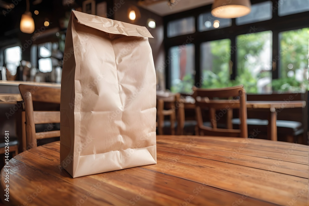 Brown paper bag on a wooden table in a cafe with a green environment Brown paper bag on a wooden table in a cafe with a green environment