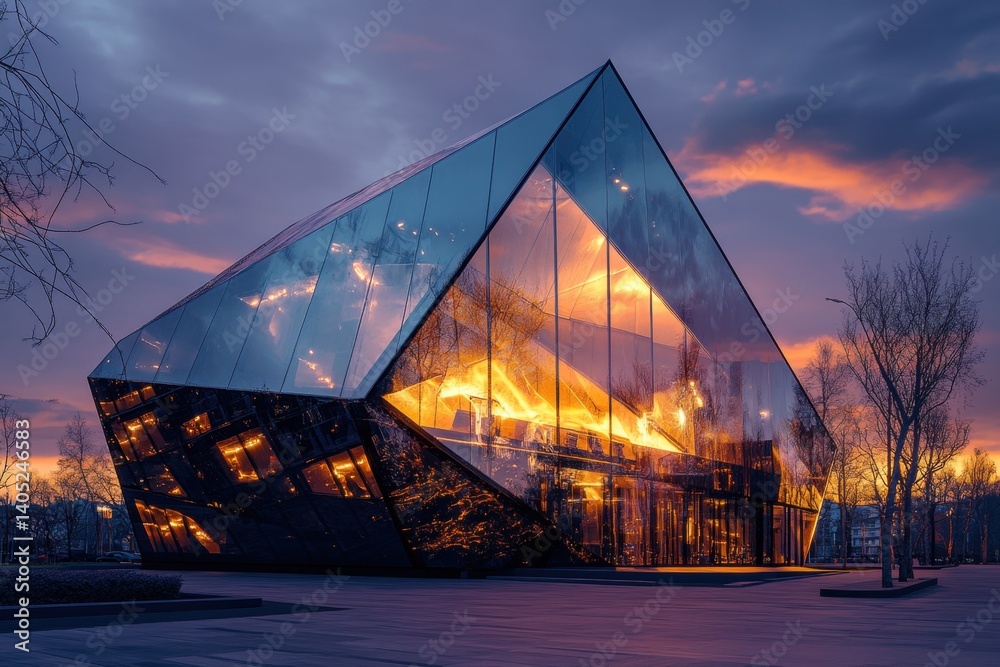 Modern, diamond-shaped architectural building at twilight.