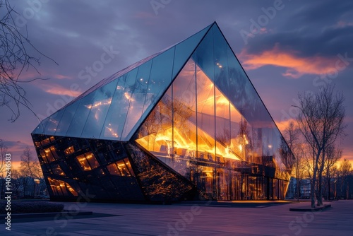 Obraz na płótnie Modern, diamond-shaped architectural building at twilight. w salonie