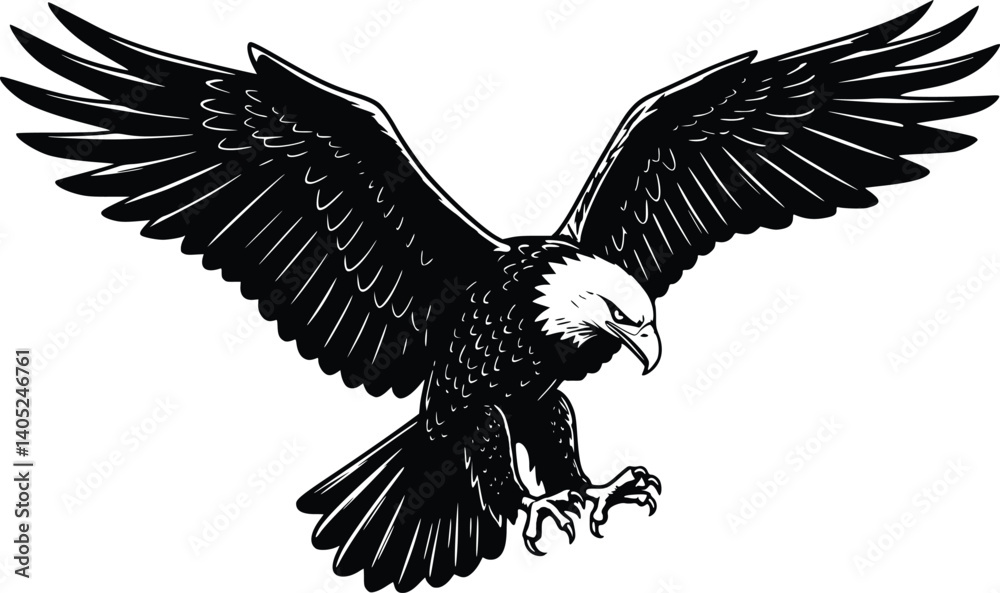 Obraz premium Silhouette of a bald eagle with wings fully spread, talons extended, showcasing strength and precision in flight