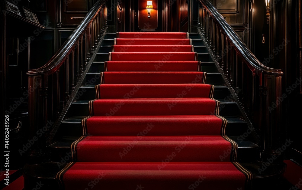 Elegant Staircase with Red Carpet and Dark Wood Paneling Interior