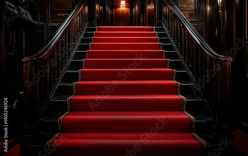 Obraz na płótnie Elegant Staircase with Red Carpet and Dark Wood Paneling Interior w salonie