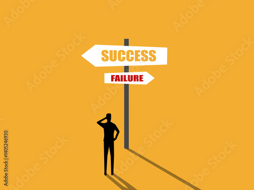 Businessman chooses signs to lead to success or failure
