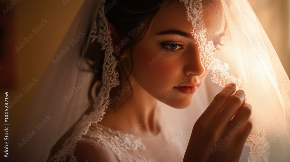 Elegant bride veiled in soft light, capturing a moment of contemplation.