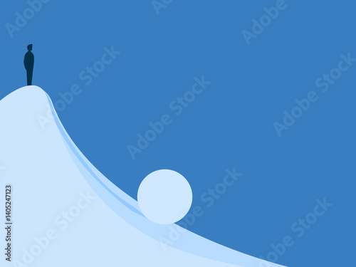 Businessman standing watching the snowball roll from the top of the mountain getting bigger and bigger