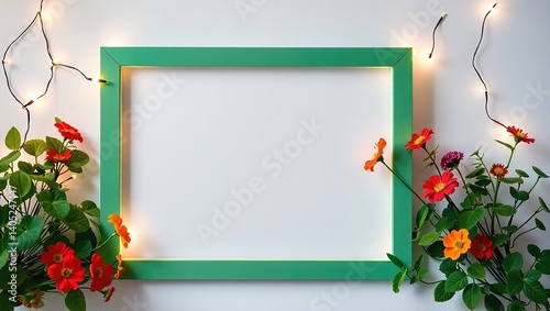 Green Frame Decorated with Fairy Lights and Flowers - Tellima, Nasturtium, Lantana photo