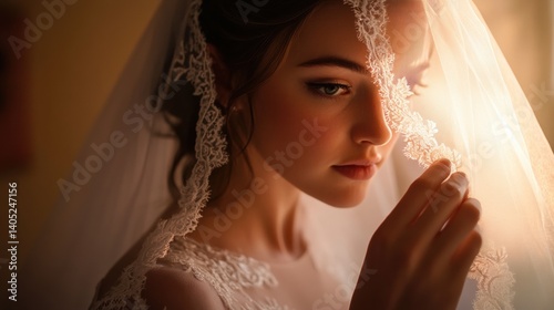 Obraz na płótnie Elegant bride veiled in soft light, capturing a moment of contemplation. w salonie