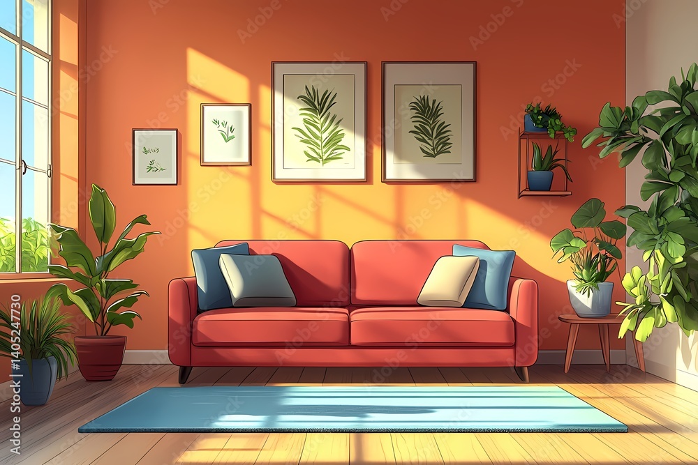 Fototapeta premium Modern Living Room Interior. Bright Colors, Cozy Sofa, and Greenery for Stylish Home Decor