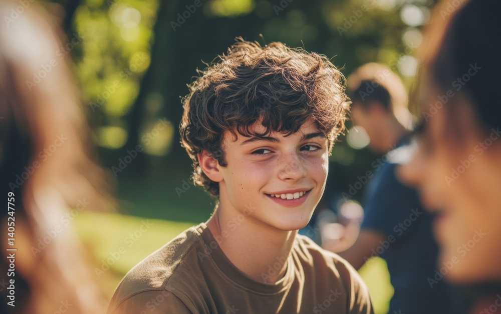 Smiling teenage boy engaging in a group setting outdoors.