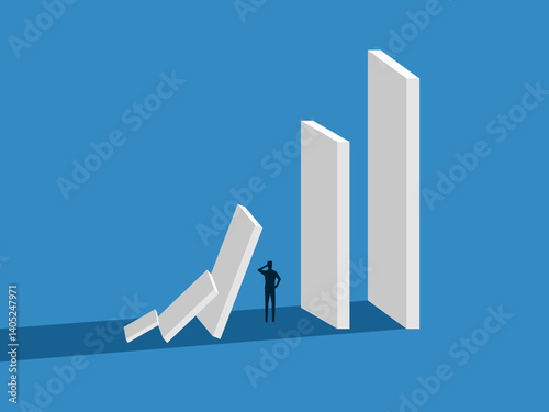 Midlife Crisis, Businessman Thinks About Falling Dominoes.