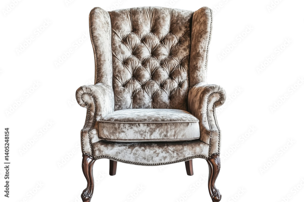 Elegant silver velvet armchair button tufted wingback design on black background luxurious comfort vintage style Elegant silver velvet armchair button tufted wingback design on black background luxurious comfort vintage style