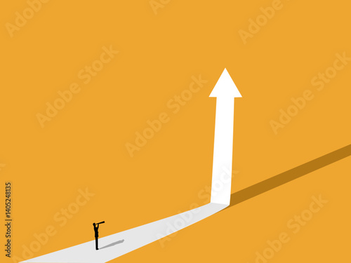 Forecasting growth, businessman on the street looking at an arrow pointing up