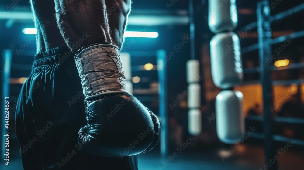 Muscular boxer in boxing gloves, poised in a dimly lit gym.