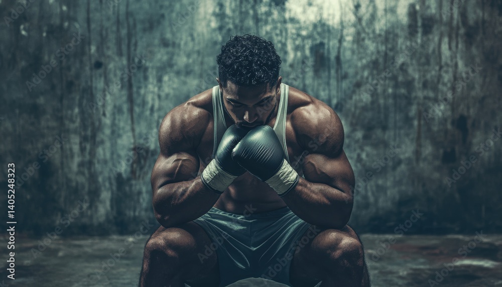 Focused boxer sits in contemplation, muscles tense.