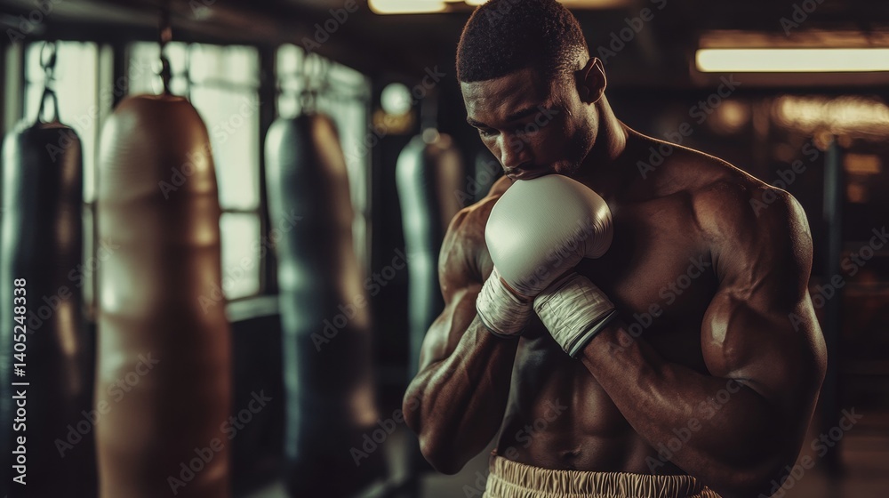 Focused boxer in a gym, preparing for training.