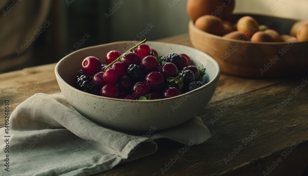 Freshly picked berries and cherries in a light gray bowl.