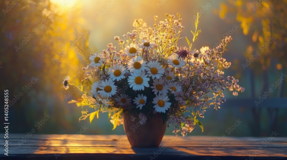 A rustic bouquet of wildflowers in a terracotta pot, bathed in golden sunlight.