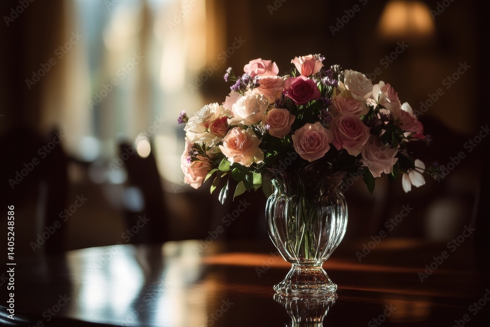 A bouquet of pastel roses in a glass vase, illuminated by sunlight.