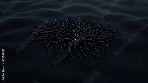 A digital illustration of a plant with a network of thin, branching roots.